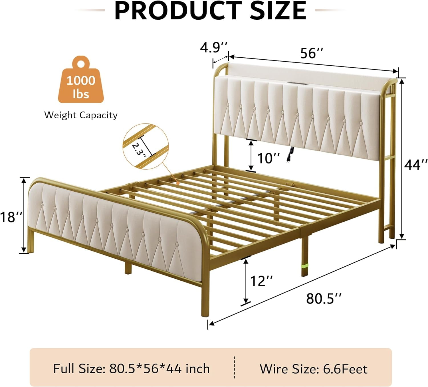 iPormis Full Bed Frame with  USB Ports,12" Underbed Storage Space,Metal Platform Bed, with Velvet Upholstered Headboard & Footboard, Beige