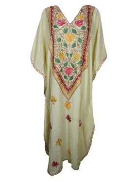 Mogul Beige Floral Embroidered Long Caftan kimono Sleeves Beach Bikini Cover Up House Dress 3X