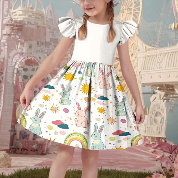 SGFCWSX Girls Dress Flutter Sleeve Cute Bunny Print Summer Casual A-Line Dress for Teens Khaki Size 13