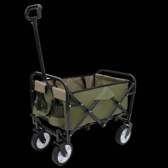 Collapsible Utility Wagon with USB Battery - 225lb Capacity All-Terrain Cart for Camping/Gardening - Heavy-Duty Metal Frame w/Straps (Brown)