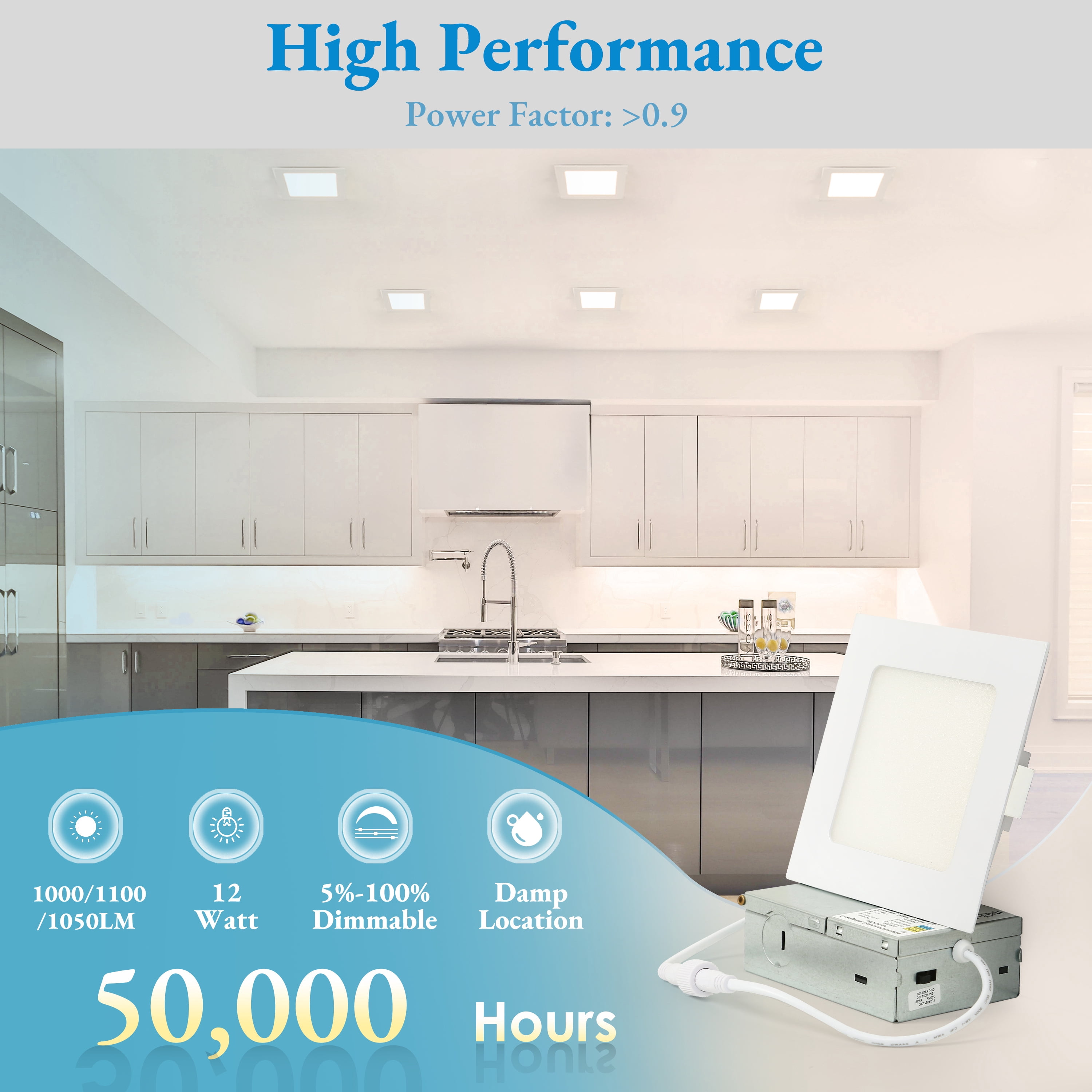 LNC 6 Inch Square LED Recessed Light,12W,3CCT,1100LM,Dimmable,Canless,Energy Star,ETL Listed,for Kitchen,Living Room,Bedroom