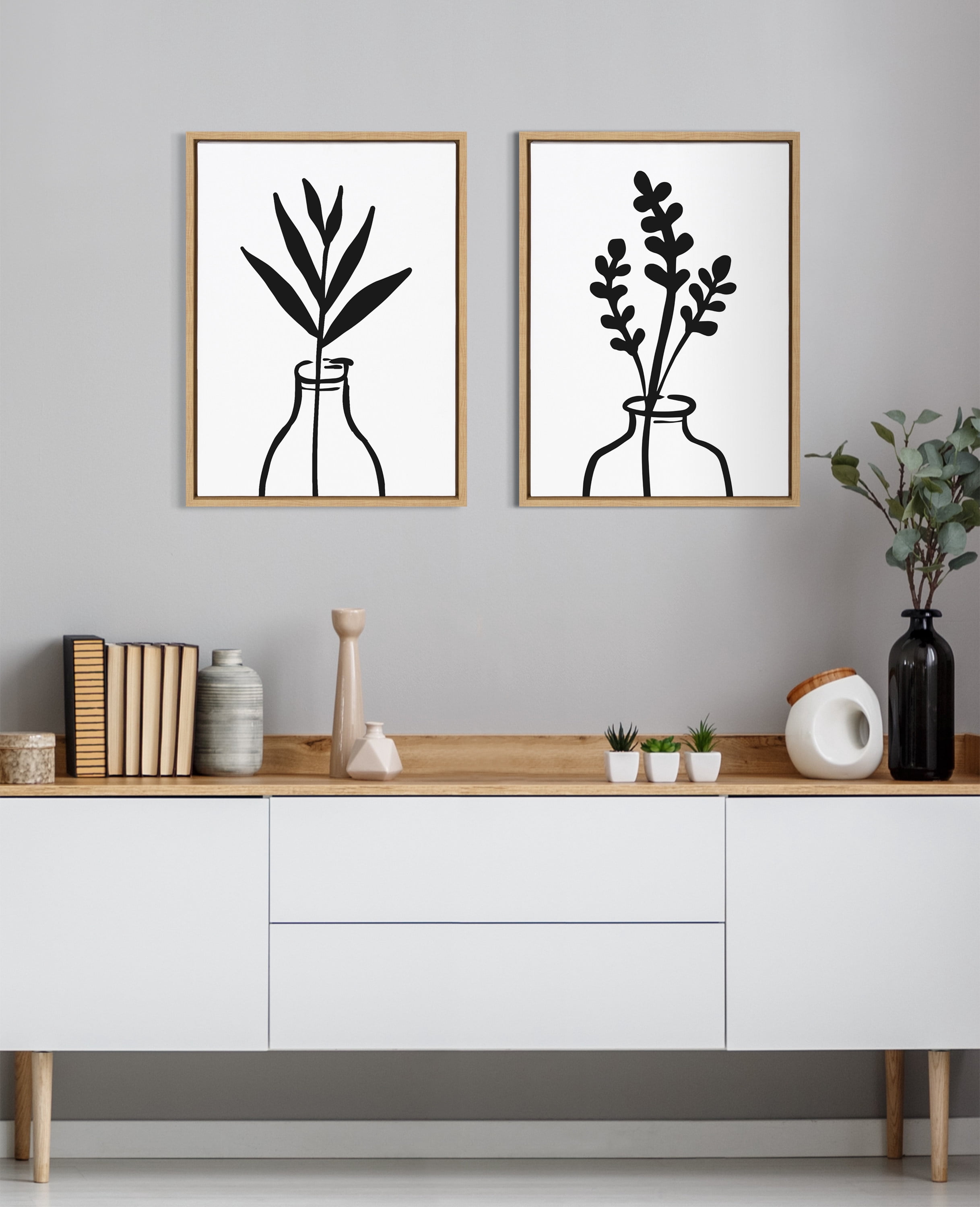 Kate and Laurel Sylvie Modern Botanical Vases Framed Canvas Wall Art Set by The Creative Bunch Studio, 2 Piece 18x24 Natural, Contemporary Plant Art for Wall