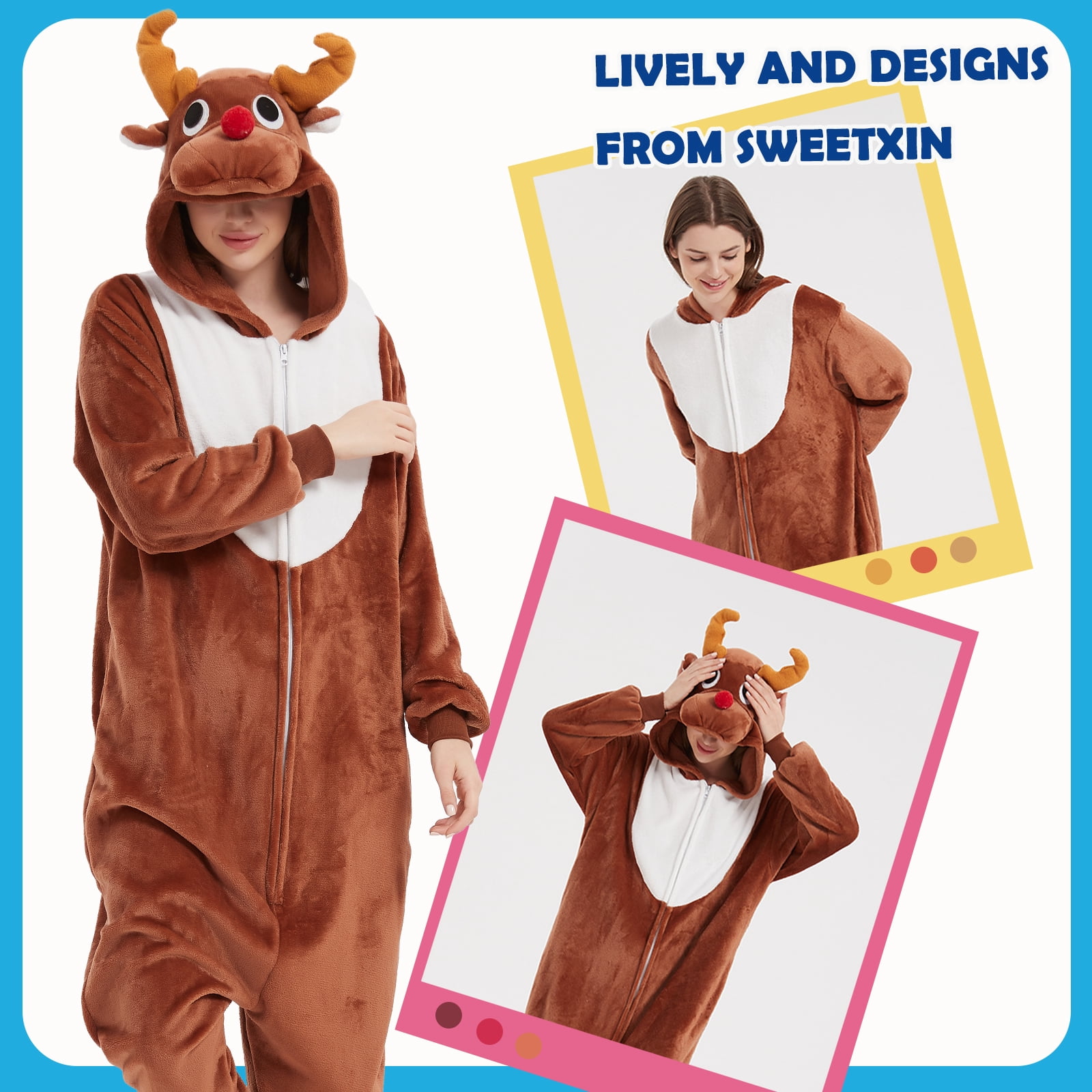 SWEETXIN Adult Christmas Reindeer Unisex Onesie Pajamas Halloween Cosplay Costume Suit for Women and Men SizeM
