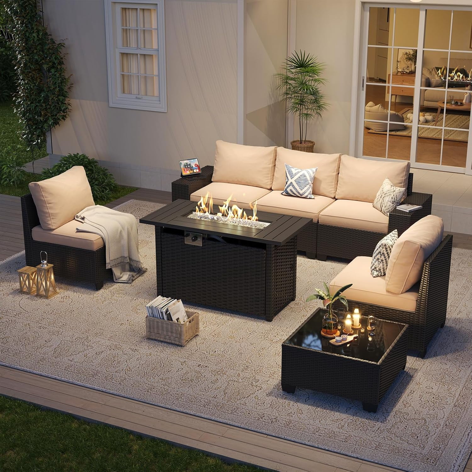 Aoxun 7 Pcs Outdoor Patio Furniture Sets with with 44'' Fire Table, Widen Armrests Wicker Outdoor Sectional for Backyard (Waterproof Cover Include)
