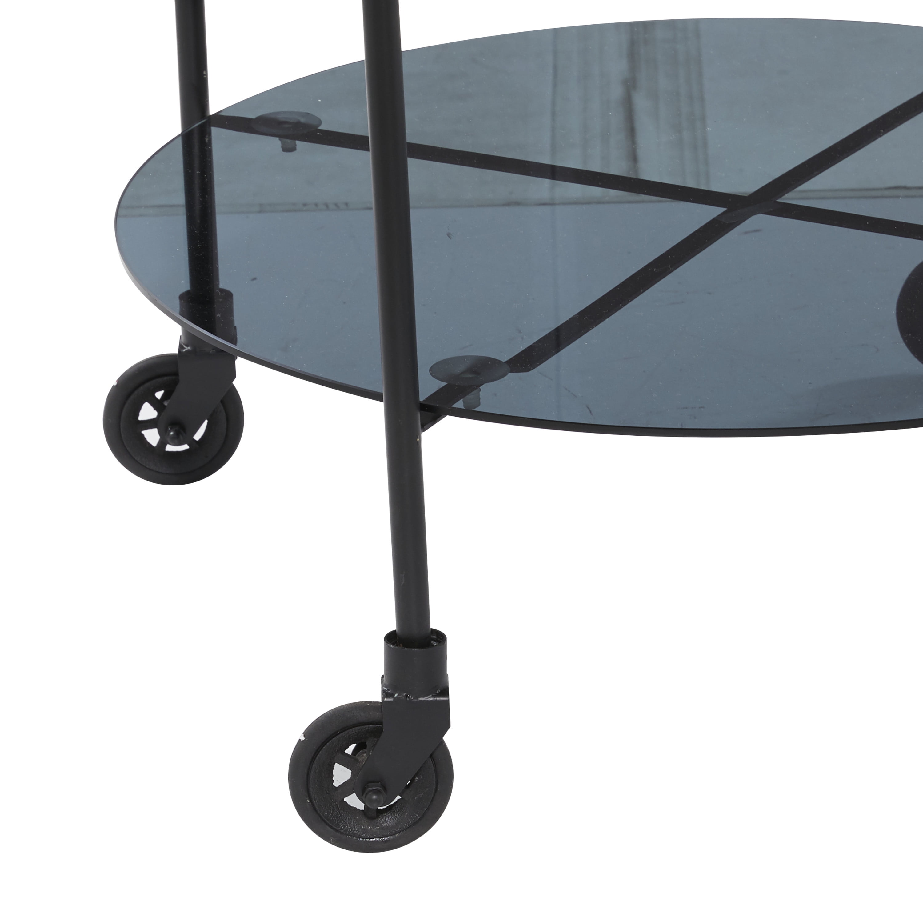 DecMode 18346 Round Black Metal Wheeled Coffee Table with Teal Enamel Tray Top and Tinted Glass Shelf, 26 in X 19 in