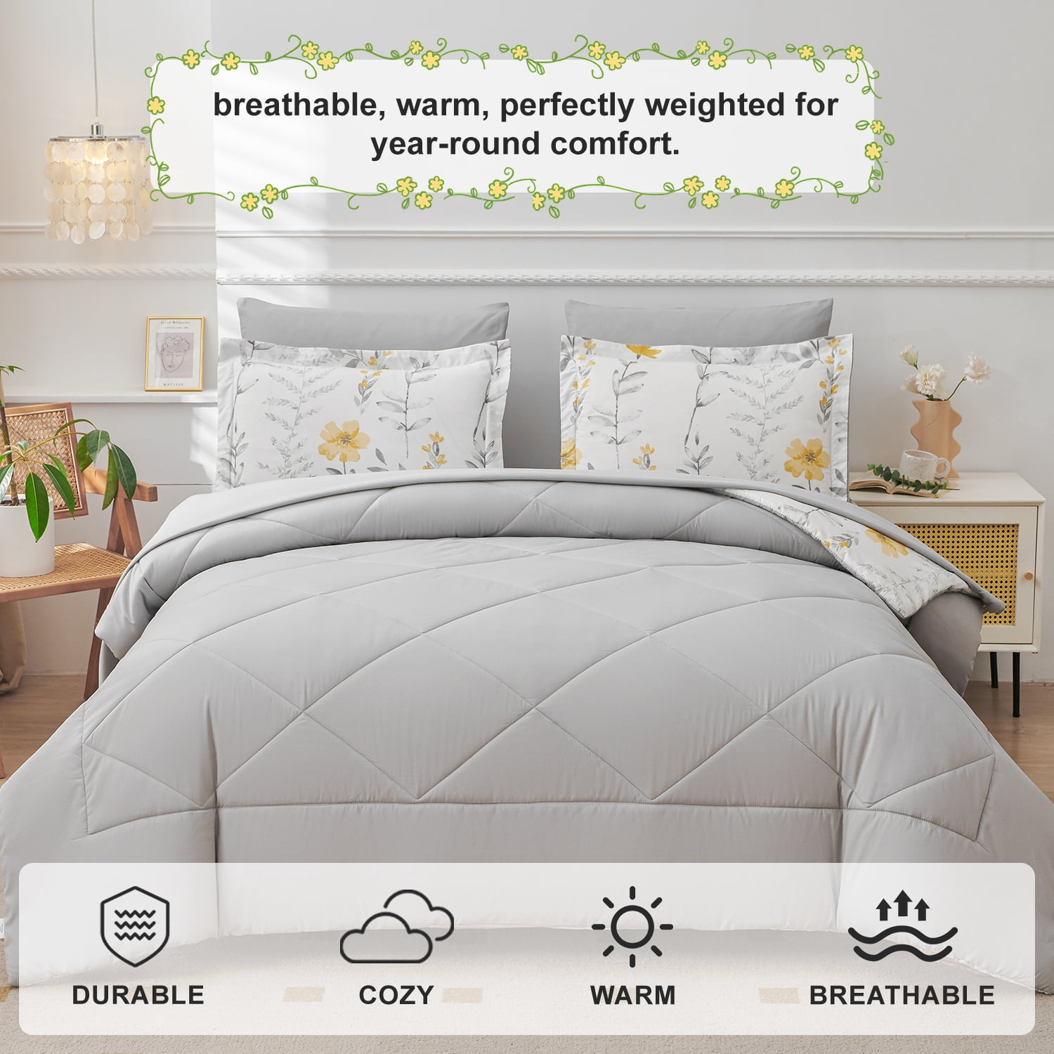 Jessy Home 3 Piece Comforter Set Queen Yellow Floral Quilt Microfiber Patchwork Bedspread