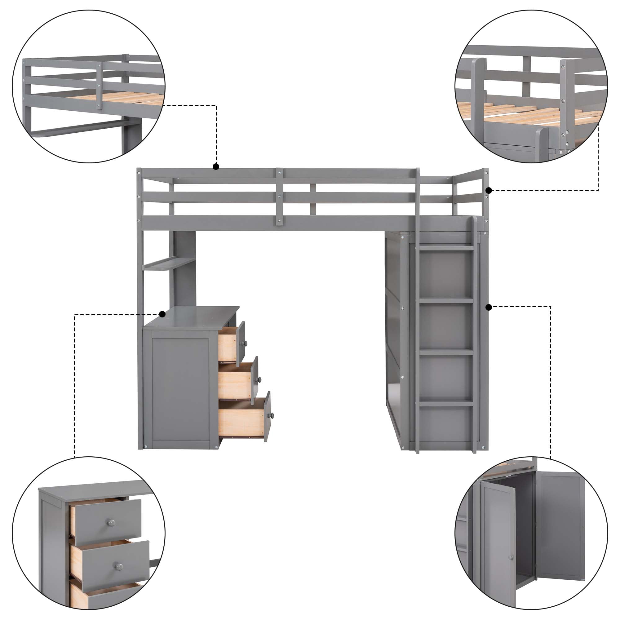 Aukfa Kids Modern Wood Twin Size Loft Bed with Drawers Gray