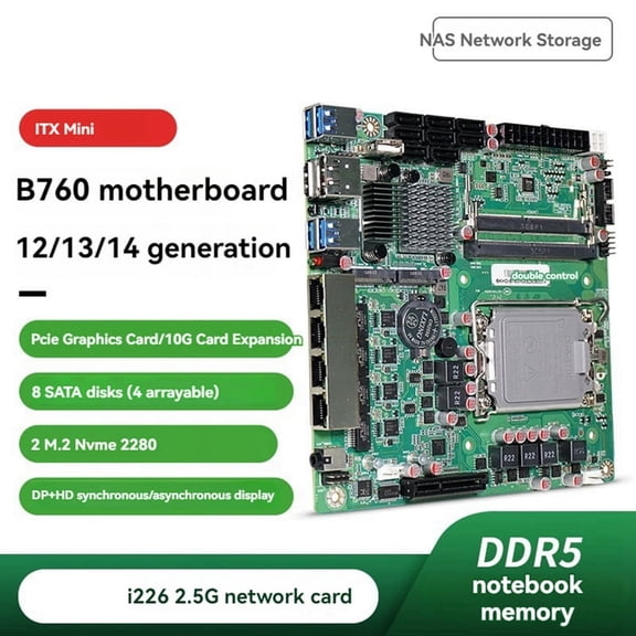Mini ITX B760 NAS Motherboard Home Processor LGA1700 CPU 2xDDR5 4xi226 2.5G 2xM.2 NVME 8xSATA Qnas Firewall Server