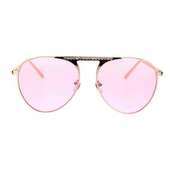 Womens Flat Top Rhinestone Bridge Metal Rim Officer Sunglasses Rose Gold Pink