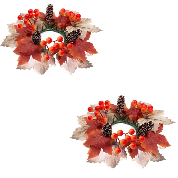 2Pcs Fall Maple Leaf Berry Pine Cone Artificial Candle Ring Wreaths, 10.2in Autumn Harvest Thanksgiving Table Decor, Seasonal Candlestick Garlands Pale Red