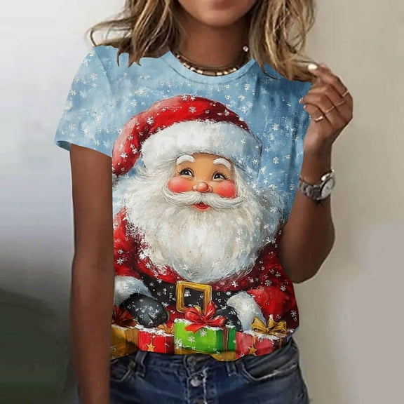Hueook Christmas Shirts for Women Christmas Printed Short Sleeved Round Neck Top Multicolor 4X