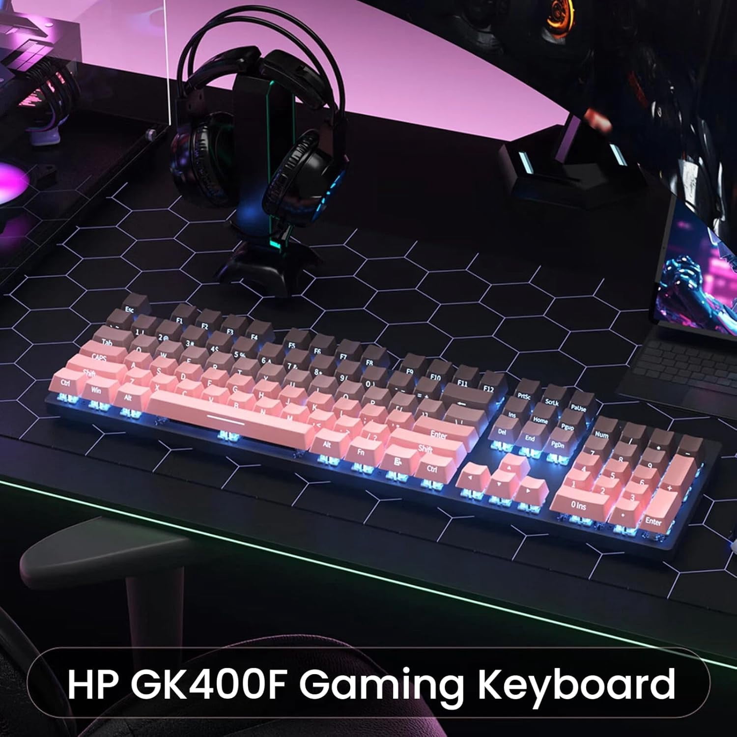 HP GK400F Wired Mechanical Keyboard – 104-Key Brown Switches, USB Connection, Dual-Use for Office & Gaming, Black/BlackBerry Pink, Side-Printed Keycaps