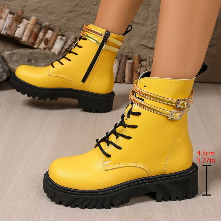 Yellow Boots TKYCMSUAKI Women's Leather Platform Low Chunky Heel