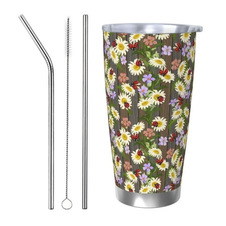 

Lukts Ladybugs And Flowers On A Wooden for 20OZ Car Cup Stainless Steel Direct Drinking Straw Thermos Cup Suitable for Office Travel and Car-Straw Three-piece Set