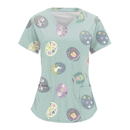 

Women Scrubs Tops Easter Print Short Sleeve V Neck Workwear Tshirt Top Blouse With Pockets Nurse Workwear