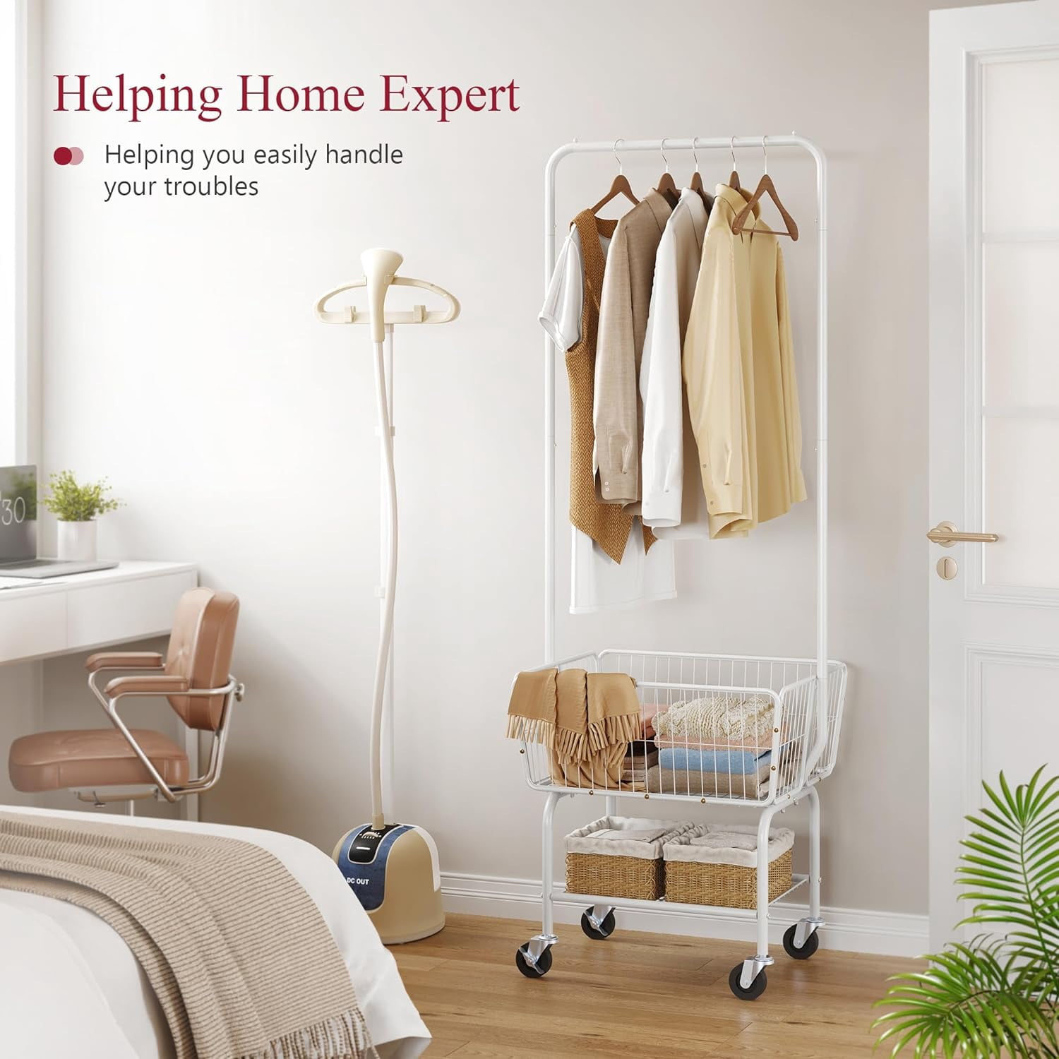 Laundry Cart with Hanging Rack, Metal Rolling Laundry Cart with Wheels and Storage Basket, Silver