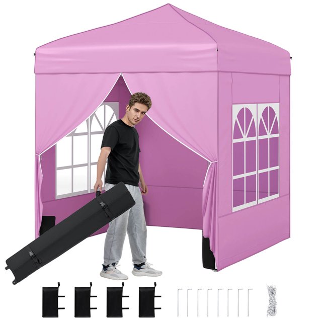 Costway 6.5 x 6.5 FT Pop up Canopy Tent with 4 Sidewalls, Wheeled Bag, 4 Sandbags, 8 Stakes Pink