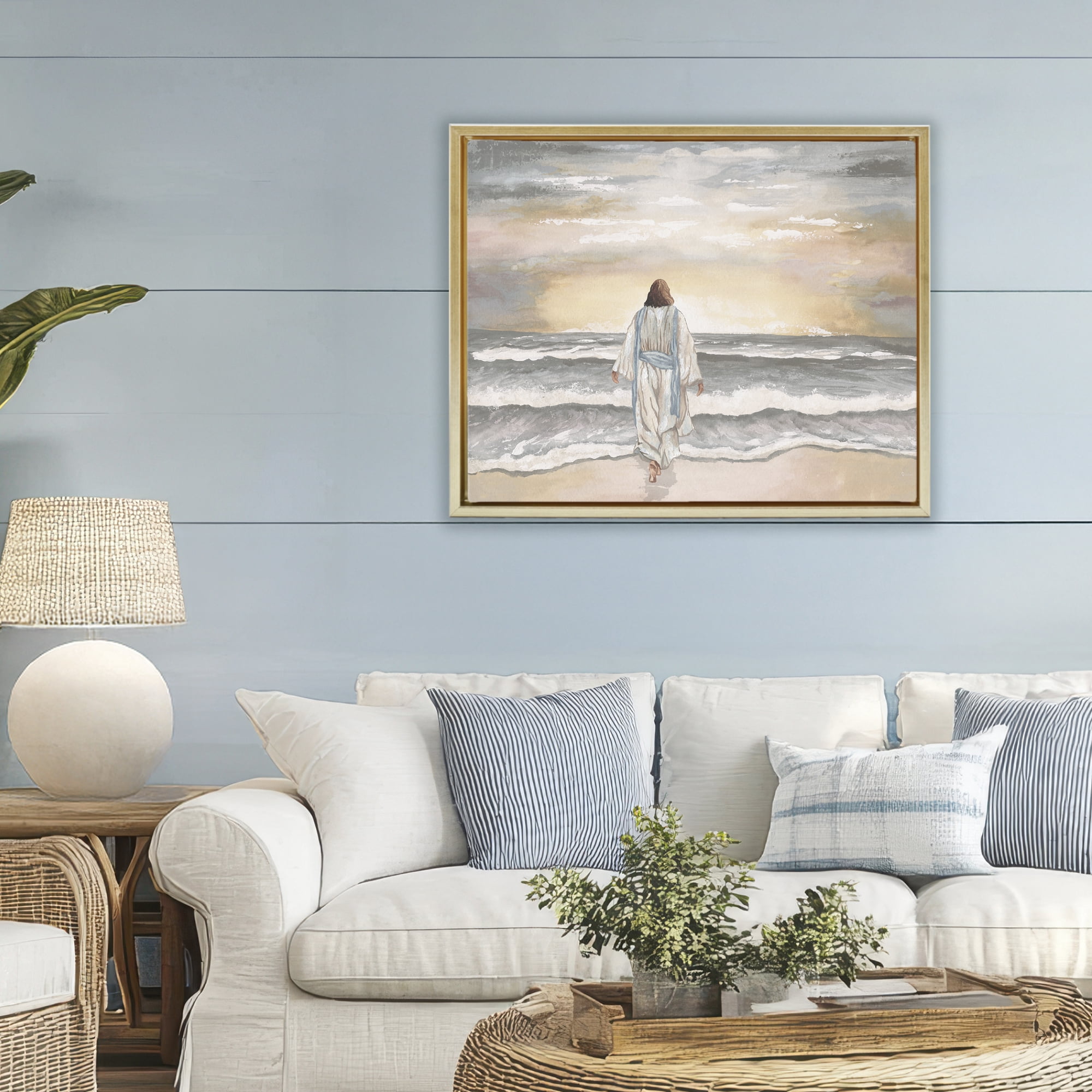 Stupell Industries Jesus Walks The Shore Gold Framed Floater Canvas Wall Art, design by Elizabeth Medley