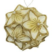Holiday Time Ivory & Gold Flower Ornament. Blushful Theme. Glitter Touch-up. Ivory & Gold Color.