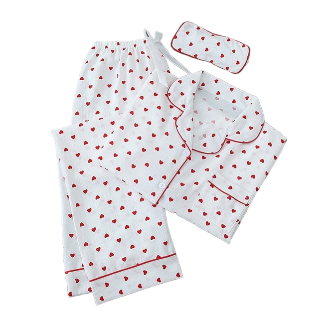 FRSASU Womens Pajama Sets Cotton Pj Set Heart Print Long Sleeve Button Down Shirt with Long Pants 1 eye mask White