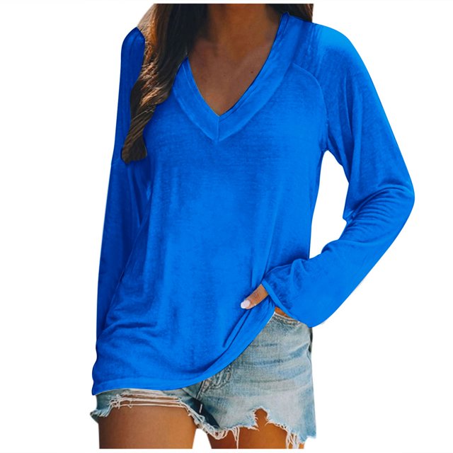 AherBiu Womens T Shirts V Neck Loose Fitted Long Sleeve Basic Tee Oversized Comfy Fall Tops Solid Color
