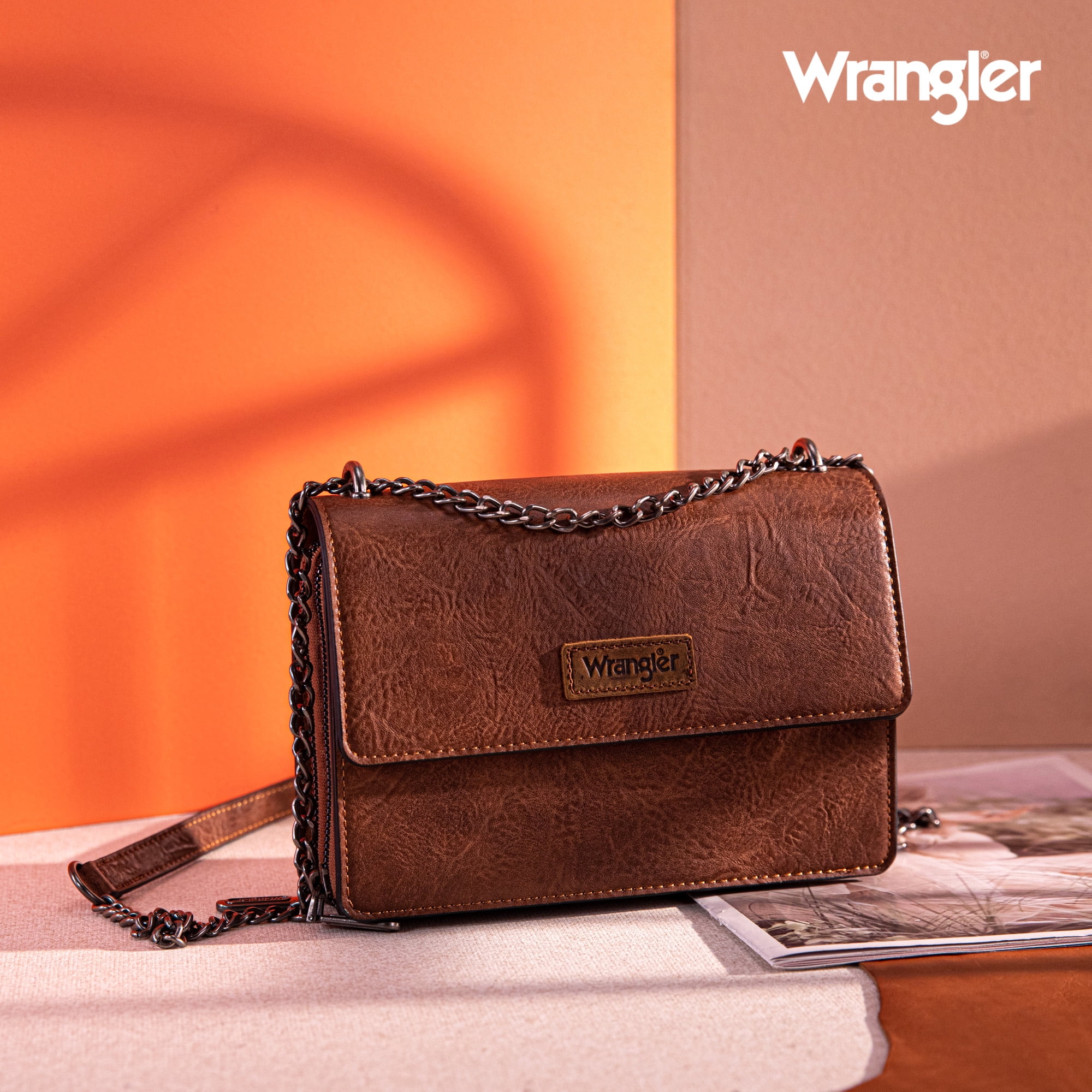 Wrangler Flap CrossBody Purse for Women Small Shoulder Bag with Chain Strap, Dark Brown