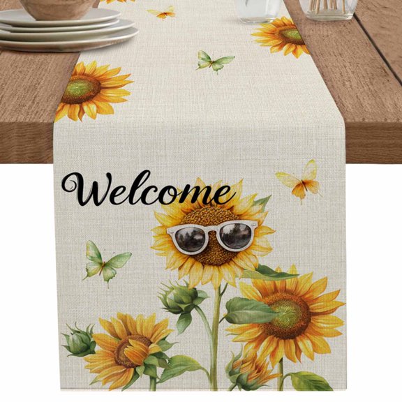 nqOlkjepod Sunflower Butterfly Table Runner 36 Inches Long Farmhouse Dress Scarves, Vintage Sunglasses Green Leaves Dining Tablerunner for Coffee Table/Kitchen Island/Party Décor, Small 13" x 36"