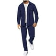 thumbnail image 3 of Txeol 2 Piece Corduroy Men Outfit Long Sleeve Button Down Shirts and Drawstring Pants Outfits Causal Fall Winter Thermal Tracksuits,M,Navy, 3 of 5