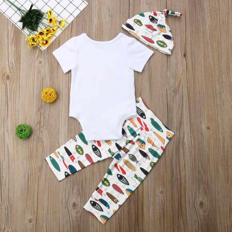 Calsunbaby Newborn Infant Baby Girls Boys Daddy's Fishing Buddy Romper  Bodysuit Fish Pants Hat 3Pcs Summer Outfit