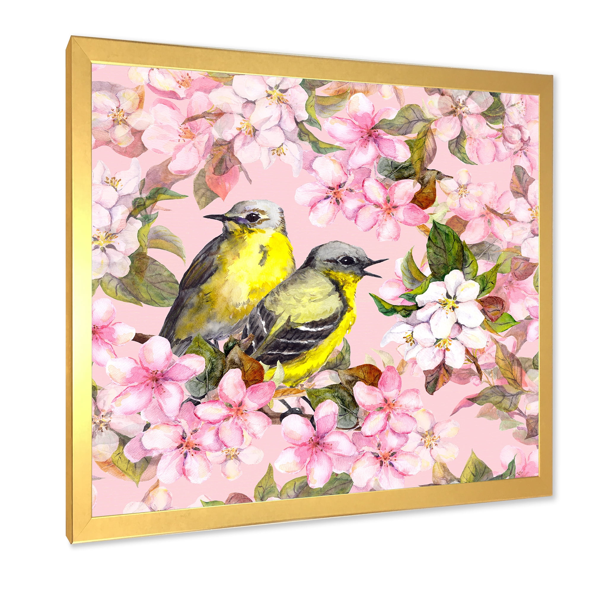 Designart 'Birds On Pink Cherry Sakura and Apple Flowers I' Traditional Framed Art Print