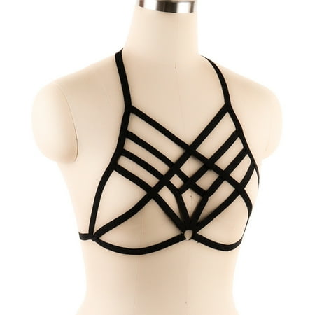 - Women Crossed Bustier Bra Strappy Halter Low Cut Push Up Lingerie Cage Bust Top