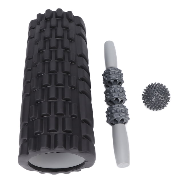 juego de rodillos de masaje de espuma anggrek barra de ejercicios de espuma duro para aliviar la fatiga conjunto importado blanco con eje de yoga hueco de EVA texturizado, palo de masaje con tres rodillos estriados y bola de fascia con picos; vista frontal sobre fondo blanco, indicado para masaje de espalda, cuello, piernas y pies, incluye bolsa de almacenamiento.