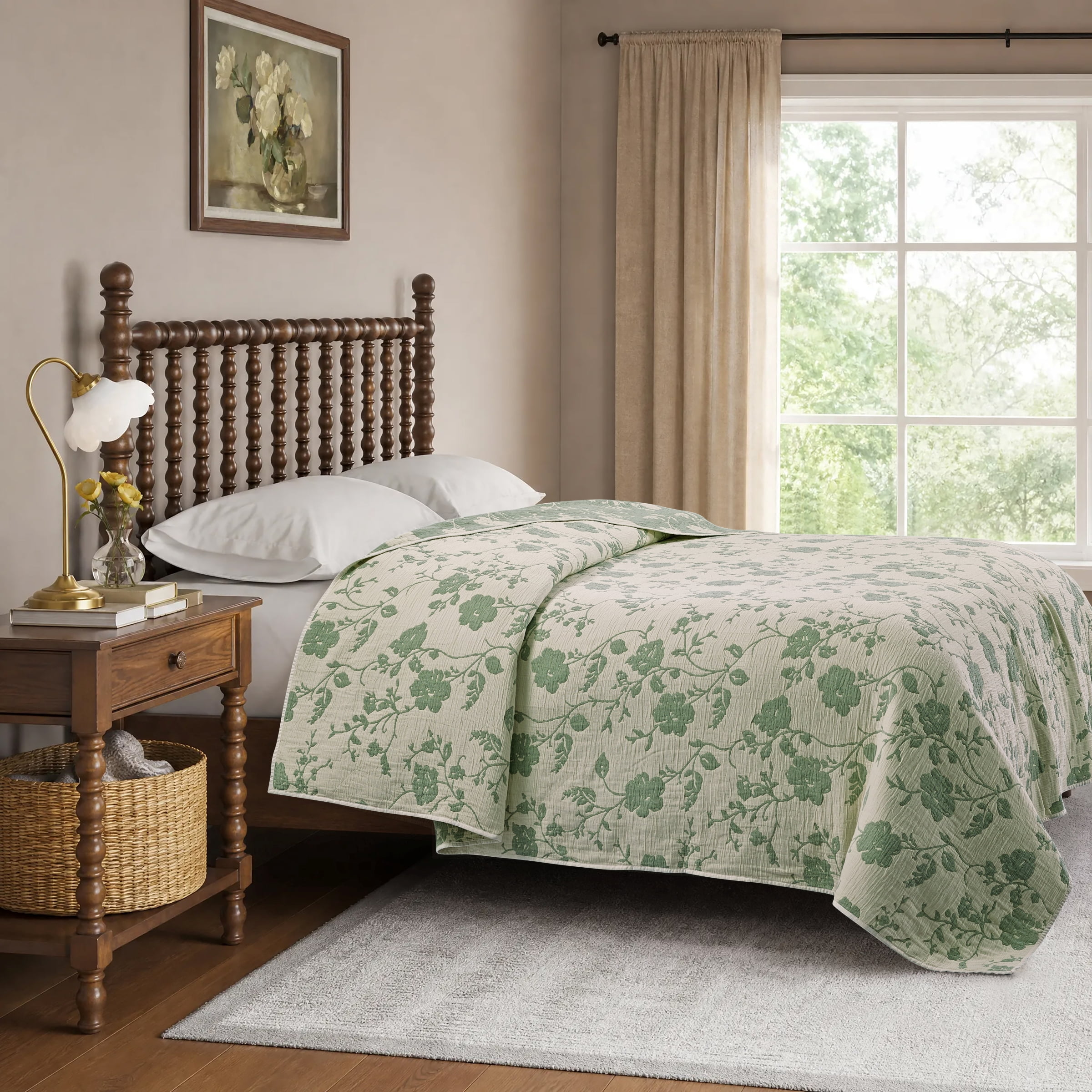 The Pioneer Woman Agatha Floral Gauze Quilt, King, Green River, Reversible Bedding