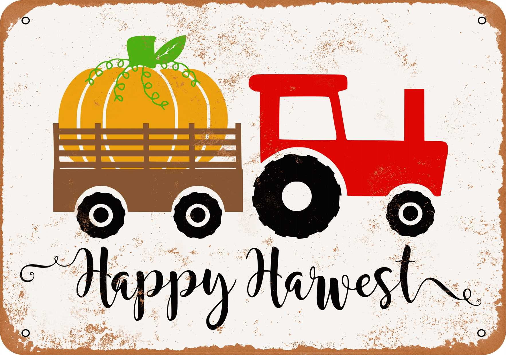 7 x 10 METAL SIGN Happy Harvest Tractor With Trailer and Pumpkin