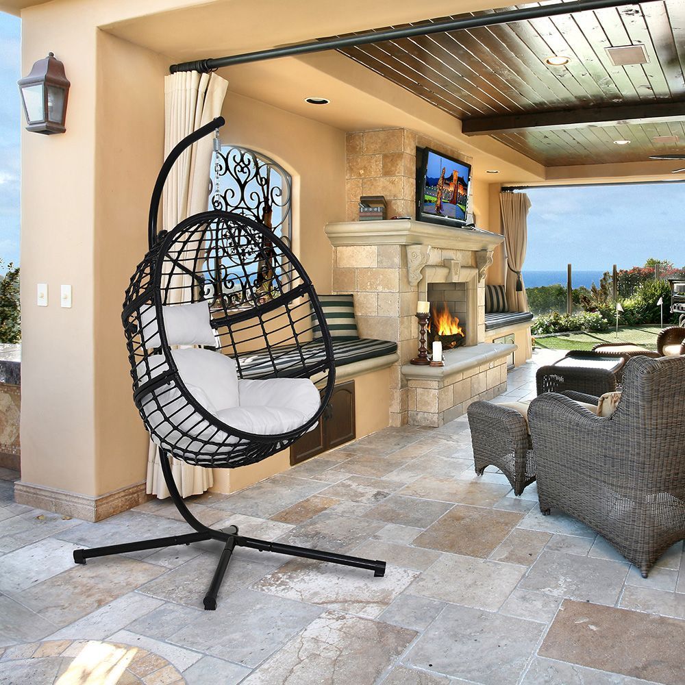 Abble Wicker Egg Hanging Chair with Cushion and Stand, Black/White