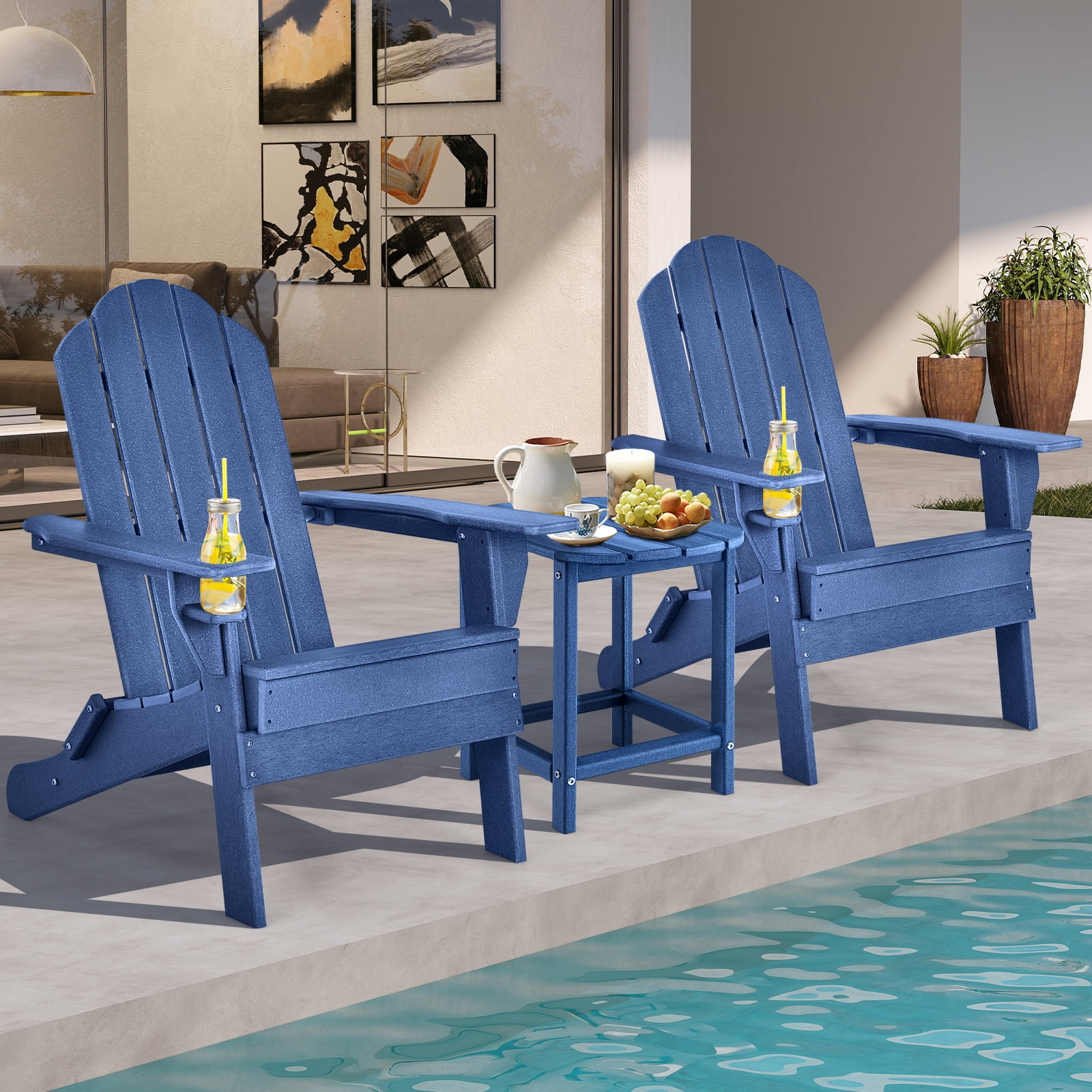 Gymax 3 PCS Patio Folding Adirondack Chair Side Table Cup Holder HDPE Navy
