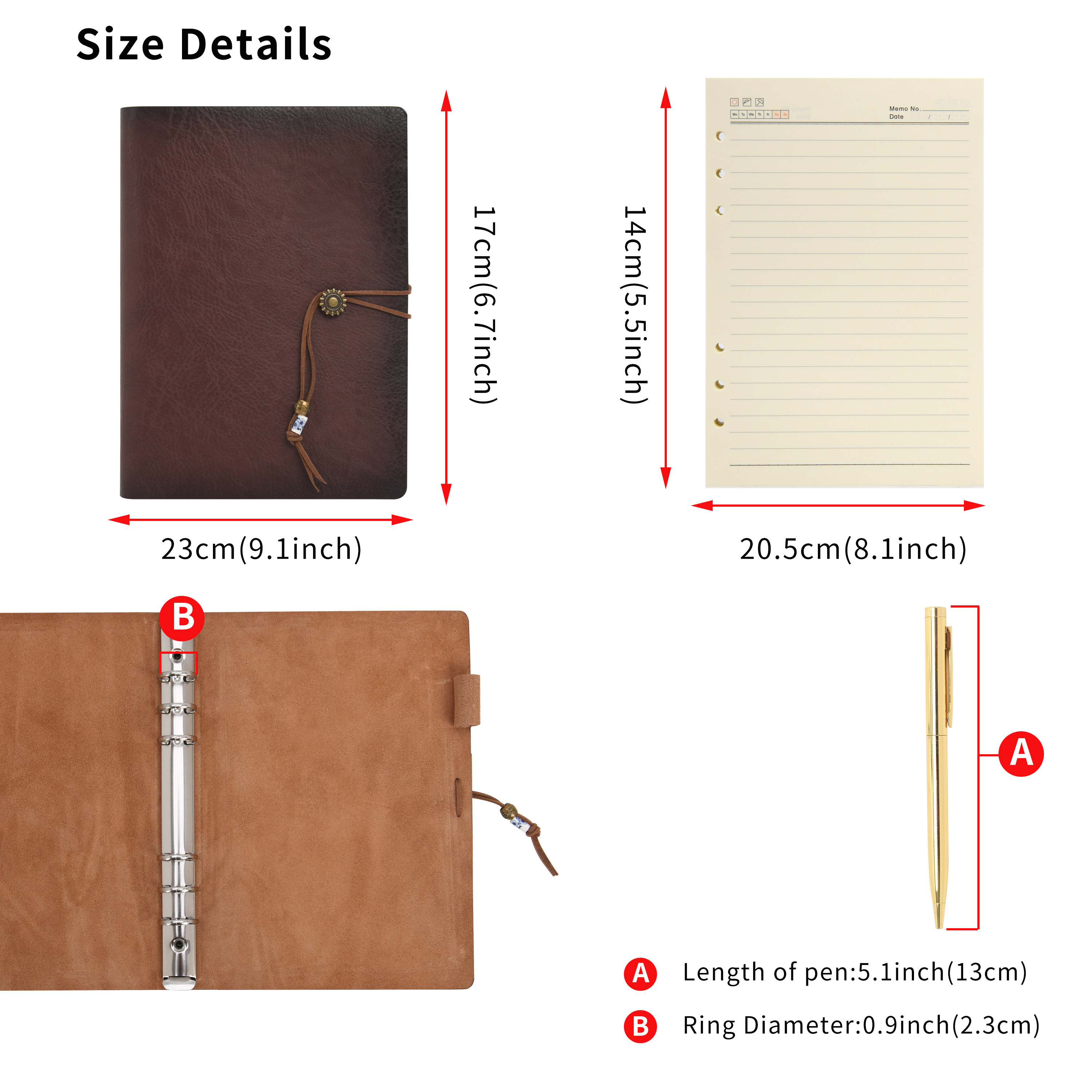 Wonderpool Leather Journal A5 Refillable 6 Ring Binder Notebook with Lined Paper and Pen,Writing Diary with Ruled Notepads Vintage Cover (A5, Brown)