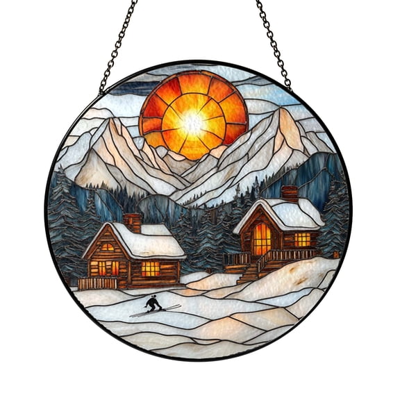 Winter Mountain Scene Stained Glass Style Window Hanging, Snow Landscape Decorative Glass Art Panel for Cabin Inspired Decor