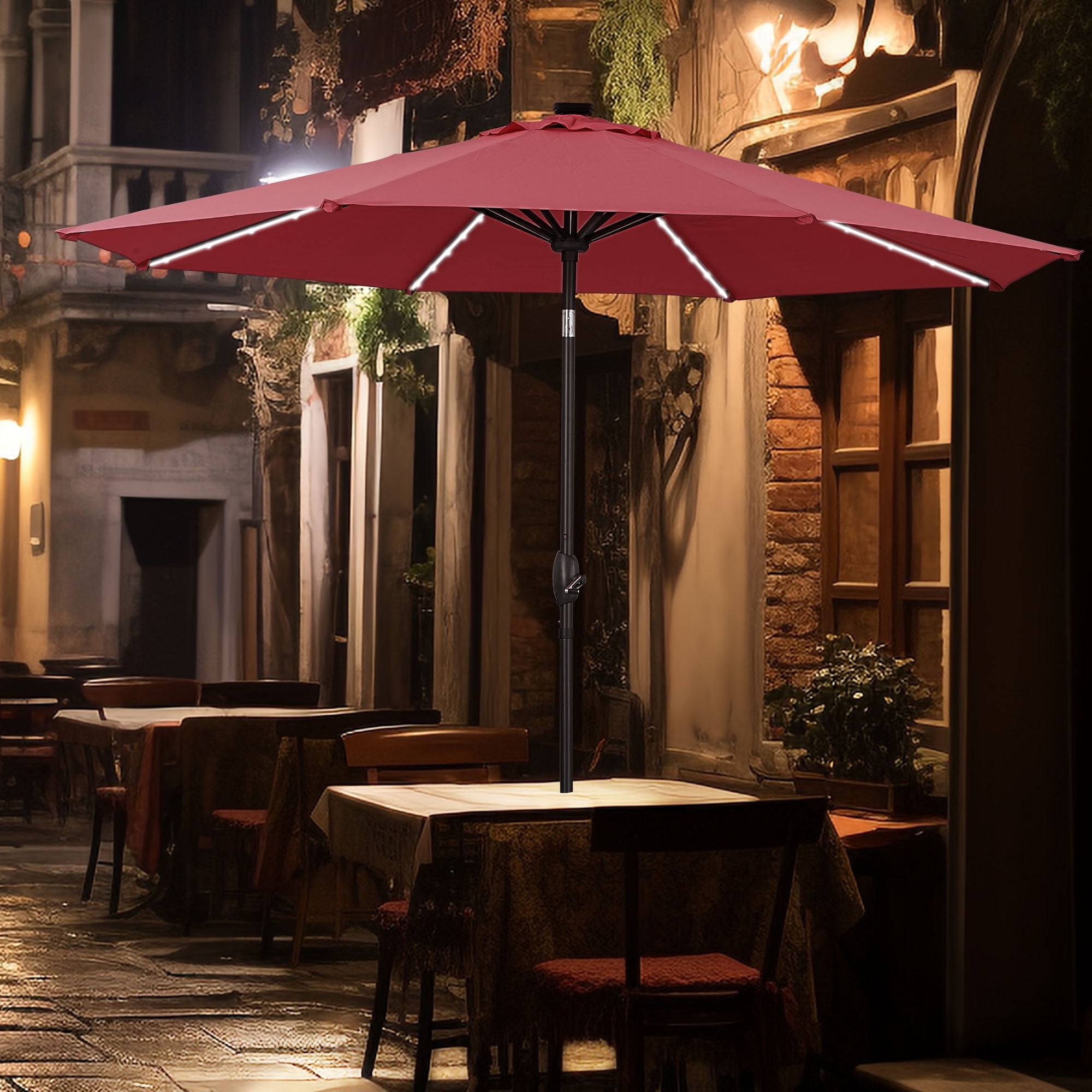Ainfox 10ft Patio Umbrella with lights, Outdoor Table Sun Shade Umbrellas with Push Button Tilt/Crank, 8 ribs,Wine Red