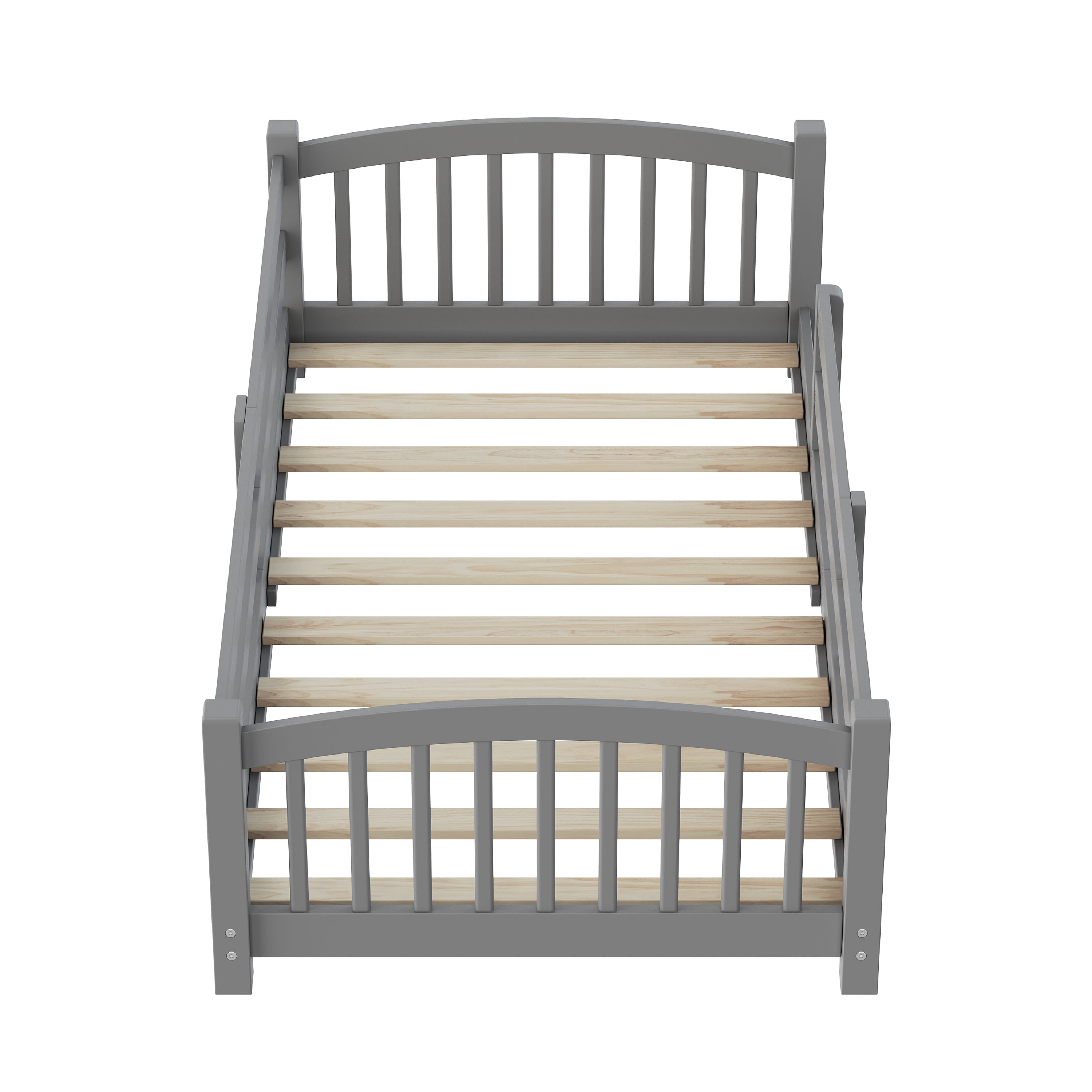 MODERNLUXE Twin Floor Bed with Slats and Safety Guardrails, Montessori Floor Bed with Fence and 1 Opening,Solid Wood Twin Size Bed Frame for Girls and Boys, Gray
