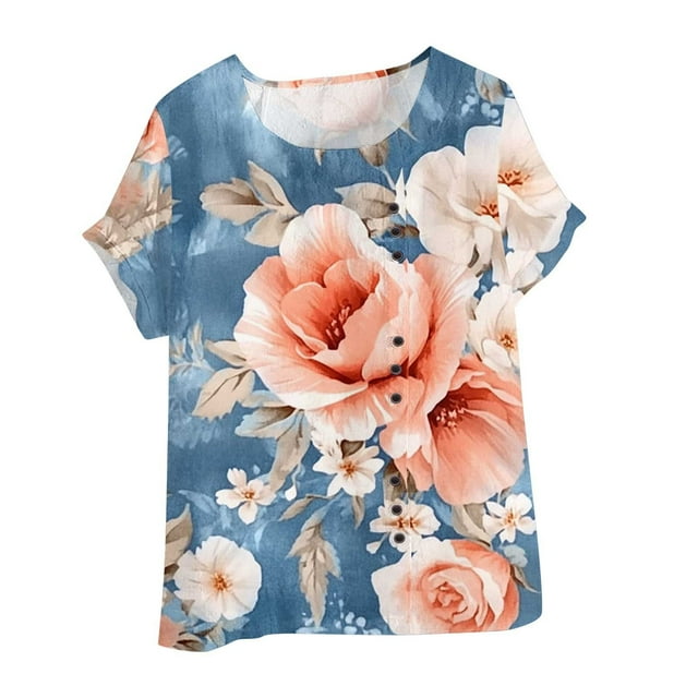 Vestidos Casuales Para Mujer, Blusas De Mujer De Moda Blusa tipo túnica informal de lino con estampado de peces y botones de manga corta para mujer