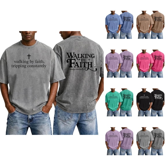 Mens Christian Graphic T Shirts - 'Walking By Faith Tripping Constantly' Vintage Acid Wash Tshirt Oversized Faith Quote Religious Casual Tops for Streetwear Summer Vacation