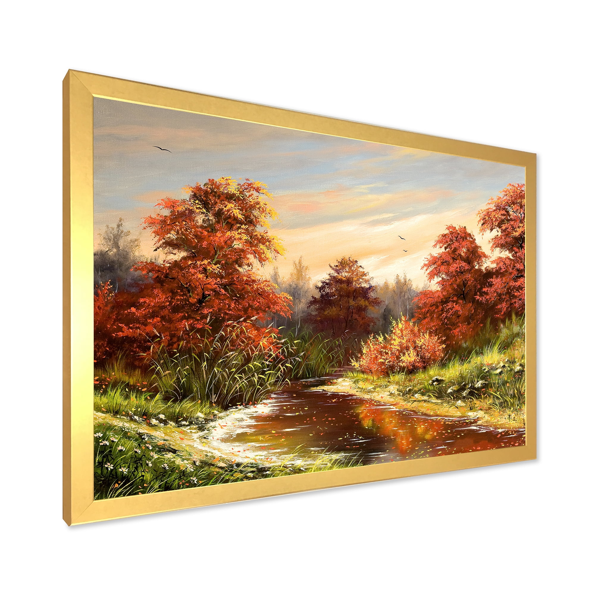 Designart 'The Wood River On A Decline In An Orange Autum Summer' Lake House Framed Art Print