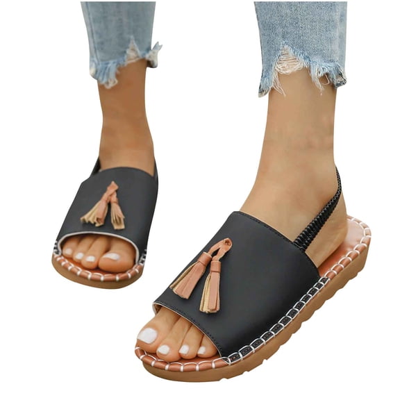 THDHVS Flat Sandals for Women,Fashion Casual Tassel Summer Flat Slippers Black 6.5