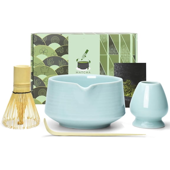 Matcha Tool Set - Complete Kit with Matcha Bowl with Spout, Bamboo Whisk, Tea Scoop & Whisk Holder, Celadon Blue