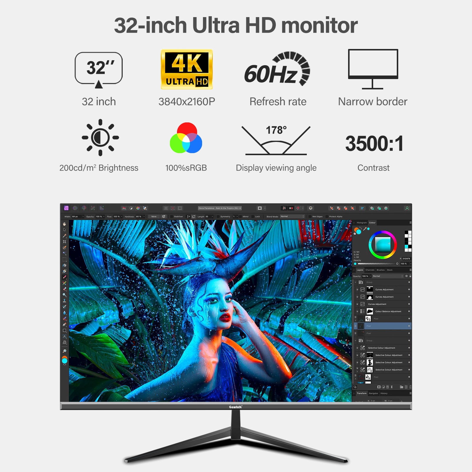 Gawfolk 32 Inch 4K UHD Monitor, 3840×2160, 100% sRGB, 178° Wide View, DP/HDMI, VESA 100x100 Wall Mount, Black