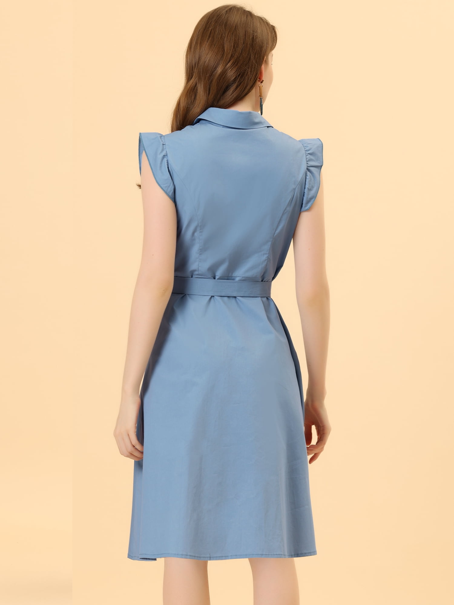 DARING DIVA Ruffled Sleeve Button Down Belted Knee Length Shirt Dress L Dusty Blue