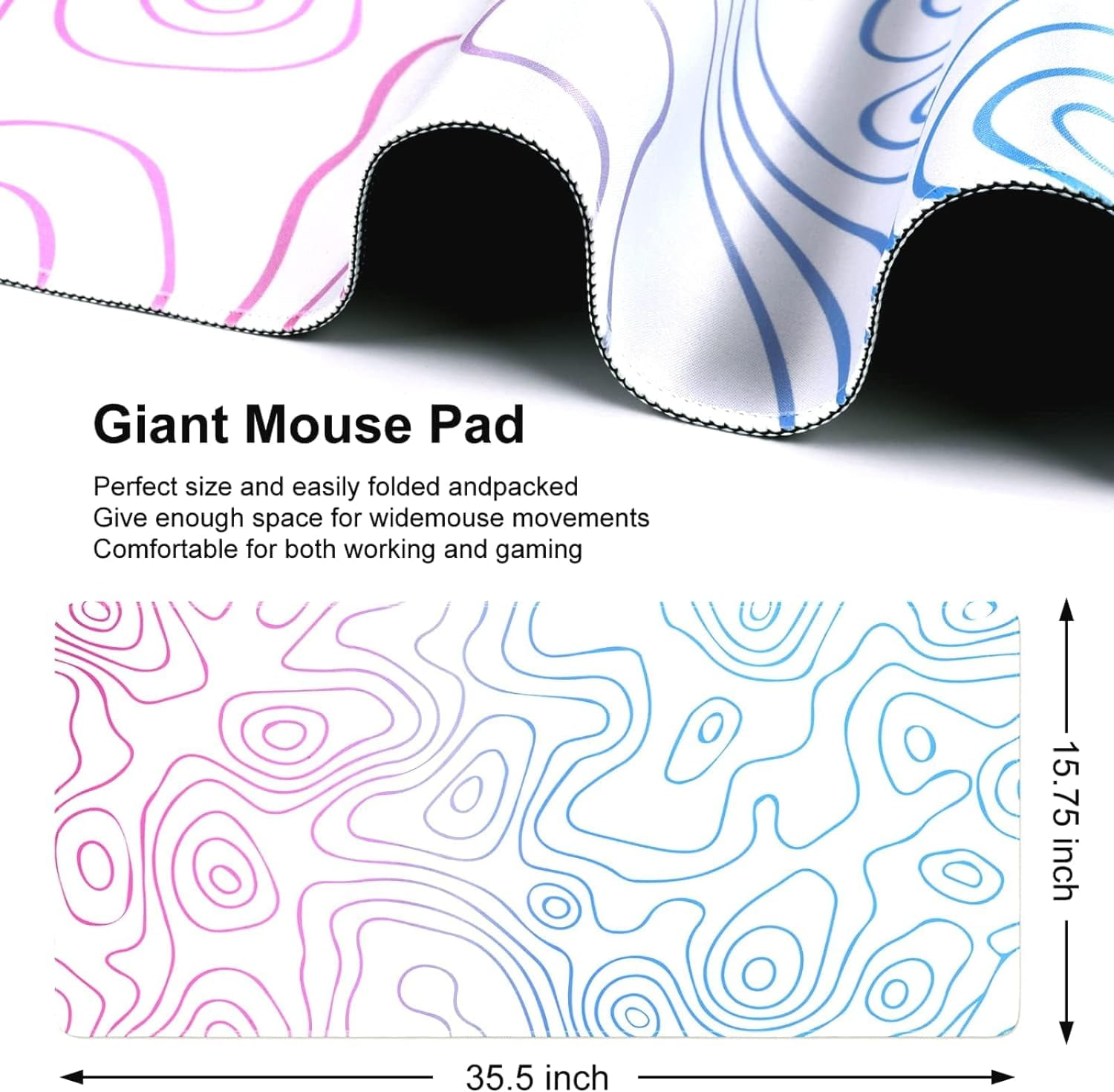 Topographic Mouse Pad, Large Gaming Mouse Pad, Non-Slip Rubber Base Water-Resistant Desk Mat for Computer Keyboard, 35x 15in Extended Desk Pad with Stitched Edges for Office Gaming, White