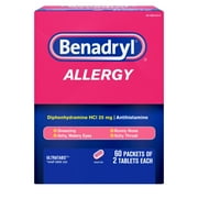 Benadryl Ultratabs Go Packs, Antihistamine Allergy Medicine Tablets with Diphenhydramine HCl, Convenient for Travel & On-The-Go Cold & Allergy Relief, 60 Packets of 2 Tablets