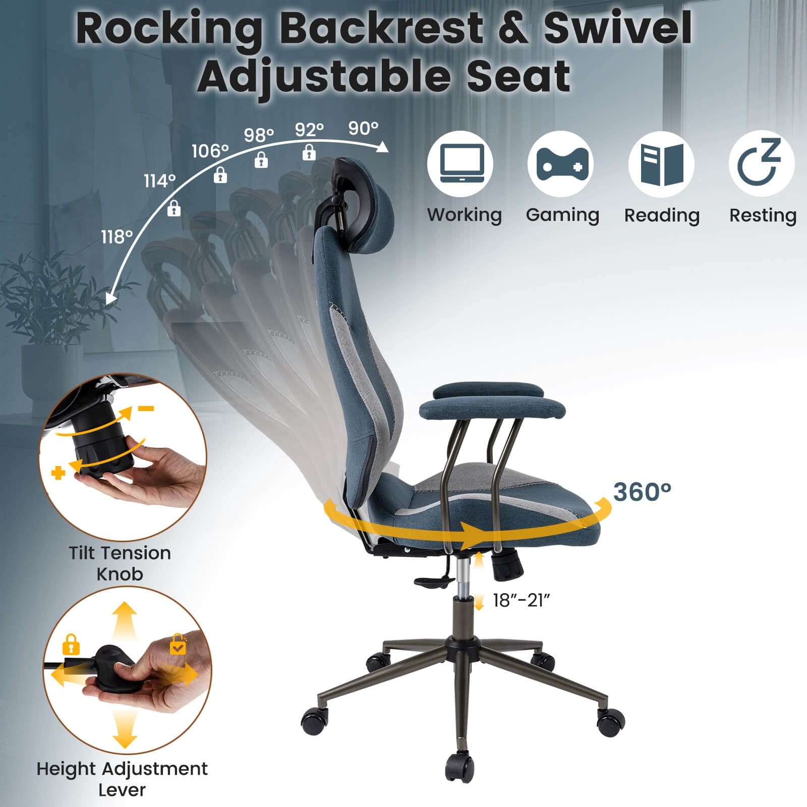 Costway Ergonomic Office Chair with 2D Headrest, Rocking Backrest & Wheels, Gaming Chair Gray & Blue
